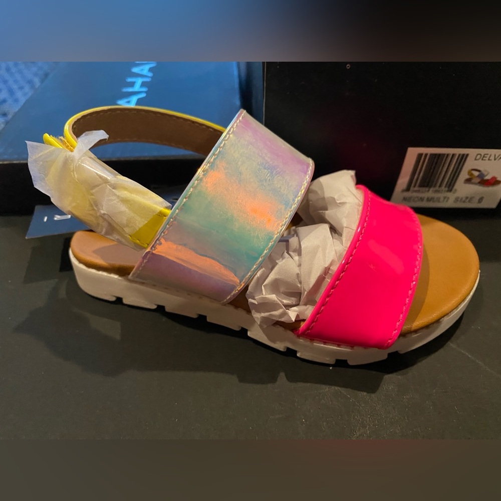TAHARI Kids Neon Pink, Iridescent and yellow Sandals Size 6 - Picture 1 of 5